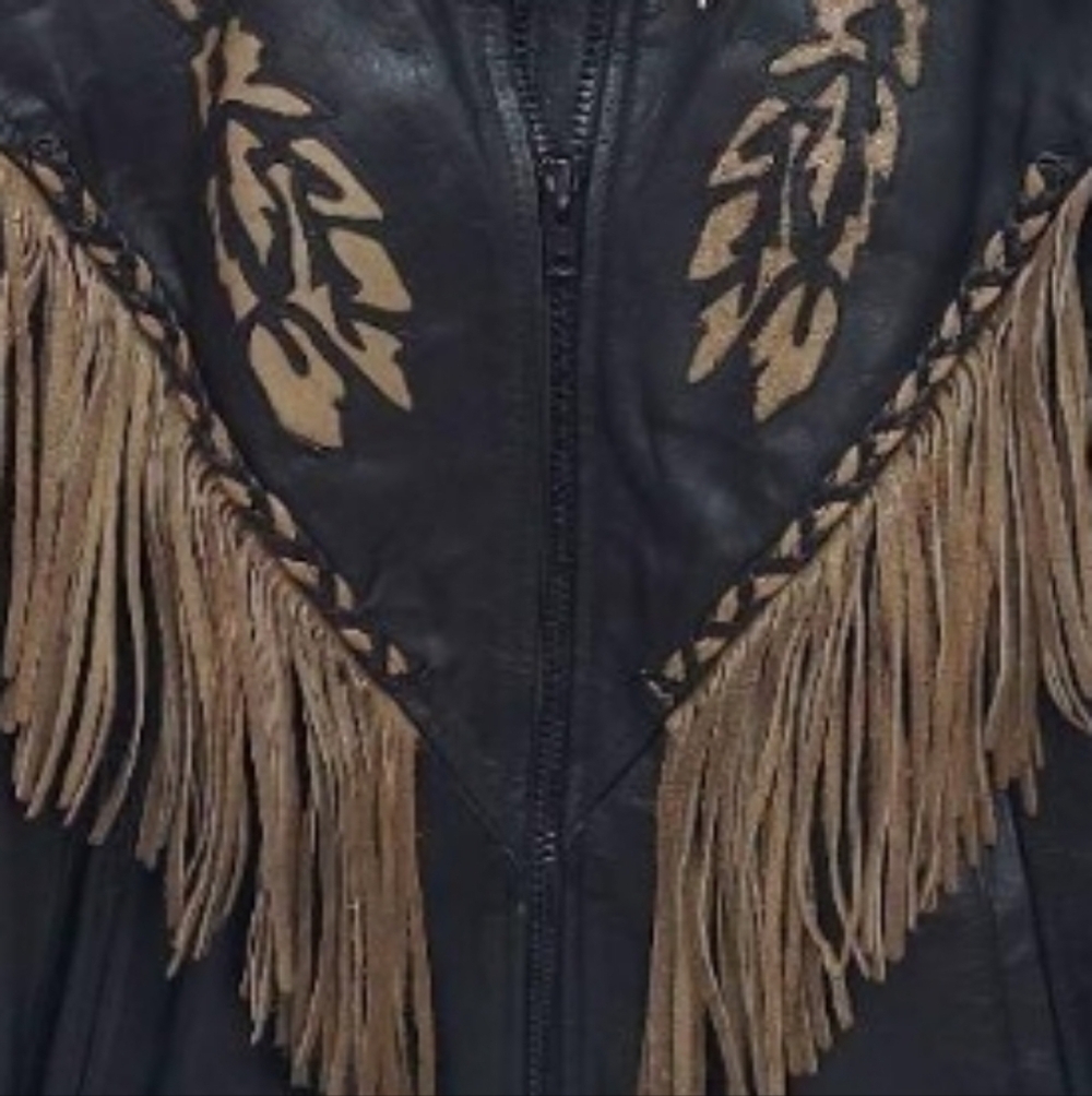 Vintage Leather Club Black & Tan Fringe Leather‎ Jacket, Eagle, XL, 23"PTP, 25"L - Picture 4 of 7